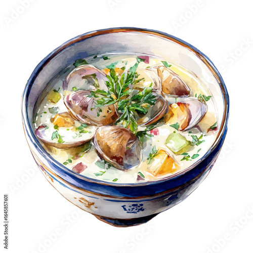 Clam Chowder in watercolor style, vector illustration, isolated on white background.