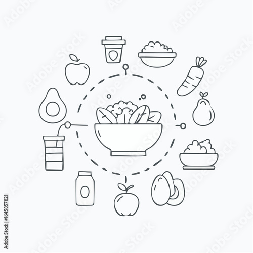 A clean outline style icon set of healthy food like salad, avocado, fruits, vegetables, nuts, and smoothie for diet and wellness themes