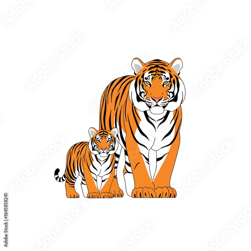 Illustration of an adult tiger standing next to a small tiger cub on a white background.