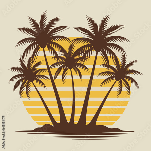 Retro Palm Trees Silhouette at Sunset with Stripes on Tan Background Illustration