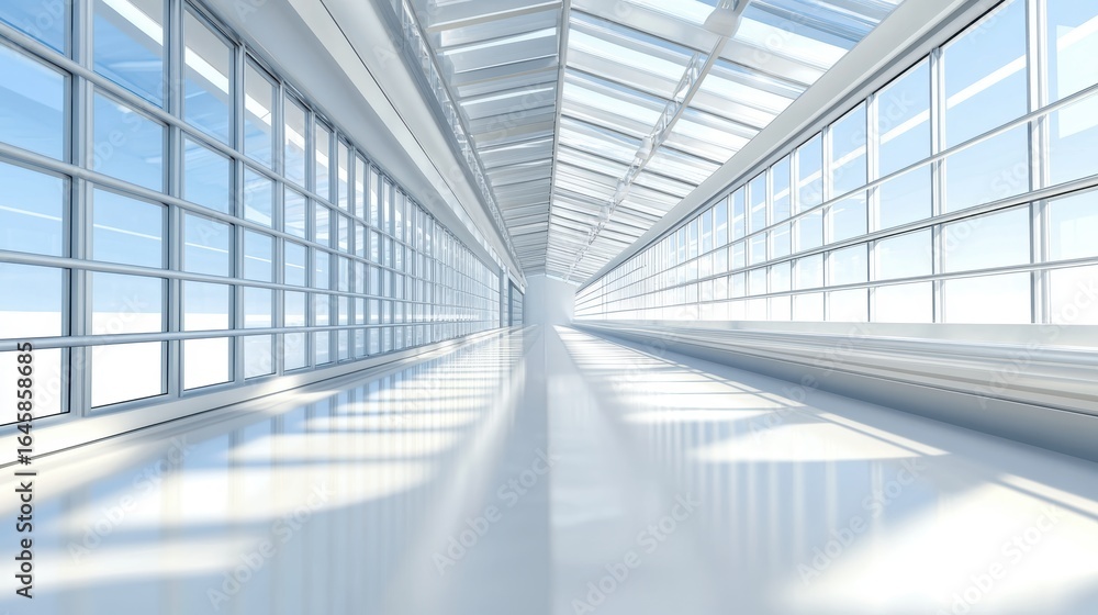 Obraz premium A bright, modern corridor with large windows and a reflective floor, leading towards an open space filled with natural light.