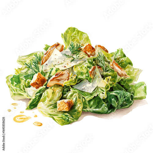 A watercolor painting of Chicken Caesar Salad, vector illustration on white background.