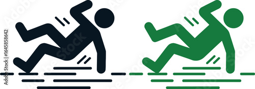 Two stylized figures falling on a wet floor represented in black and green on a white background