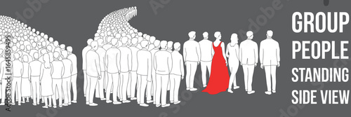 Illustration of large crowd of people standing in line, side view perspective, minimalist design with standout individual in red dress