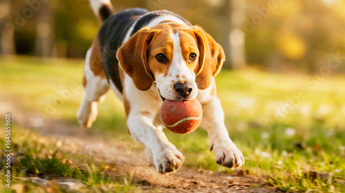 Beagle Carrying Red Ball in the Park
