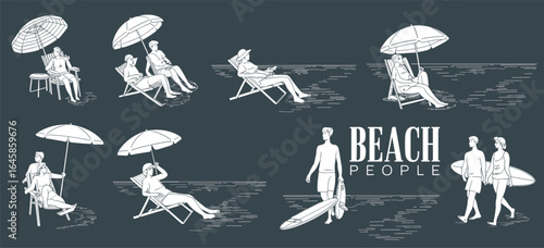 Minimalist illustration of beach people relaxing under umbrellas, sitting, reading, holding surfboards, summer outdoor activity vector for vacation design