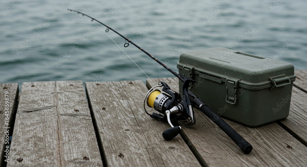 Fototapeta premium Fishing rod and tackle box on wooden pier near water surface 