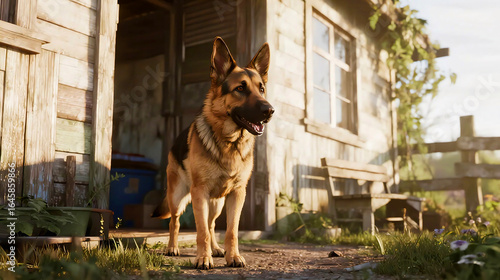 German Shepherd Walking in Country House Yard