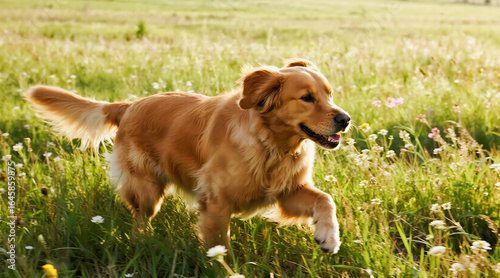 Golden Retriever Puppy Running in Grass Field