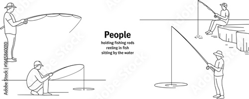 Minimalist line art of people fishing, relaxing by the water, holding fishing rods, reeling in fish, serene outdoor activity illustration