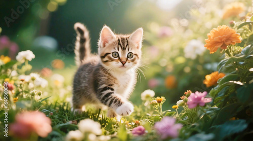 Kitten Walking Among Summer Flowers