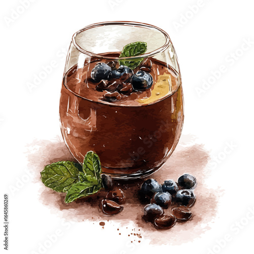 Chocolate Mousse, watercolor painting, vector illustration, isolated on a white background.