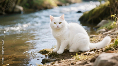 White Cat Sitting on Rock by the River