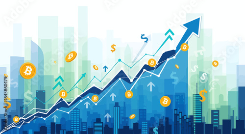 Cryptocurrency Trends in Urban Landscape, Infographic, Digital Art, Modern Environment, Data Visualization