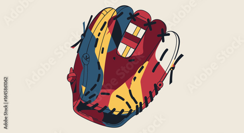 Baseball Action, Colorful Glove, Sports Field, Illustration, Dynamic Environment, Close-up View, Athletic Equipment Concept