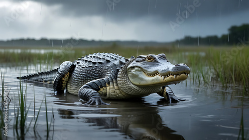 Alligator Emerges During a Rainstorm A Powerful Predator Glistening in the Downpour Against a Verdant Wetland Backdrop