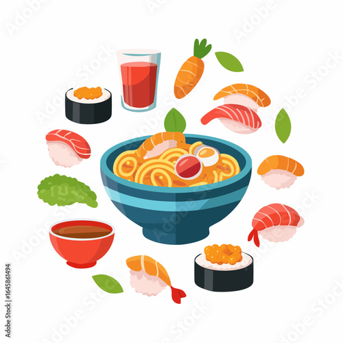 Flat design icons of Japanese cuisine including sushi, sashimi, ramen, tempura, and green tea