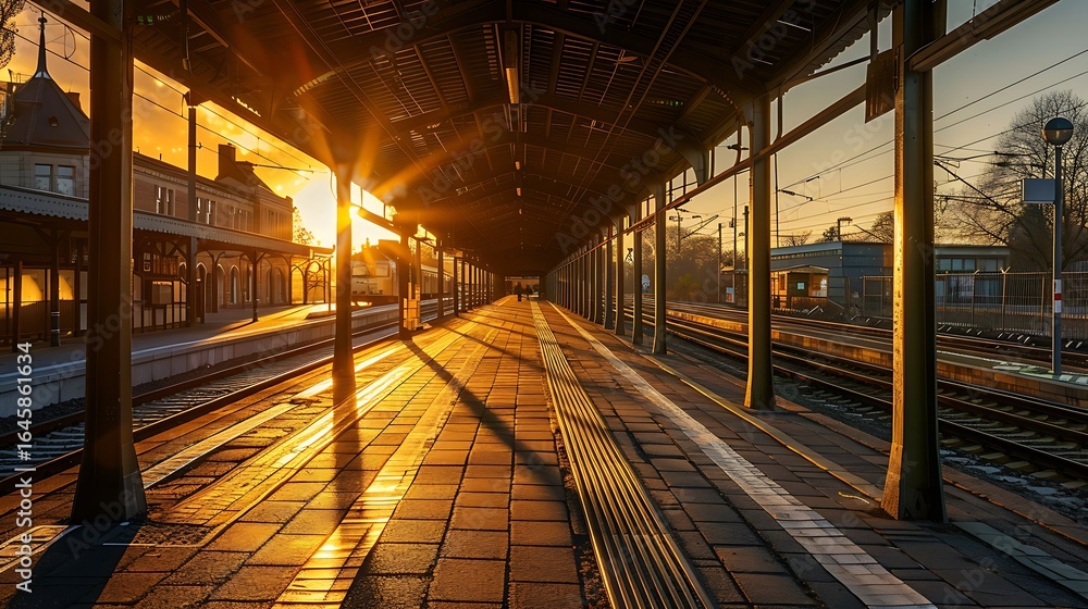 Fototapeta premium Golden Hour Sunbeams Illuminate an Empty Train Station Platform