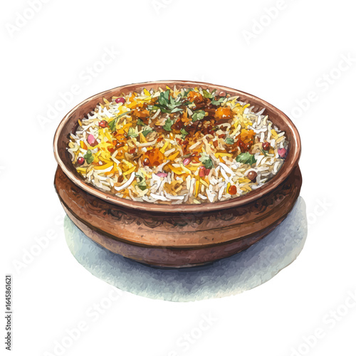 Watercolor vector illustration of Biryani, isolated on white background.