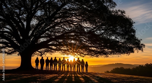 Silhouetted group of people standing under a large tree at sunset, casting long shadows across a grassy field.