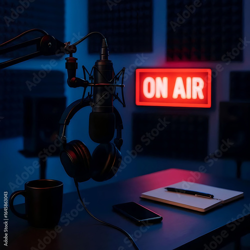 Professional microphone and headphones with glowing red on air sign isolated on transparent background