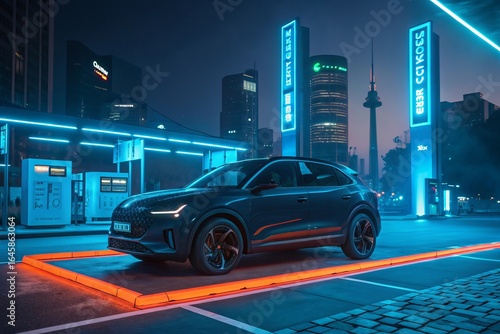 Modern electric suv charging at a futuristic neon lit city station