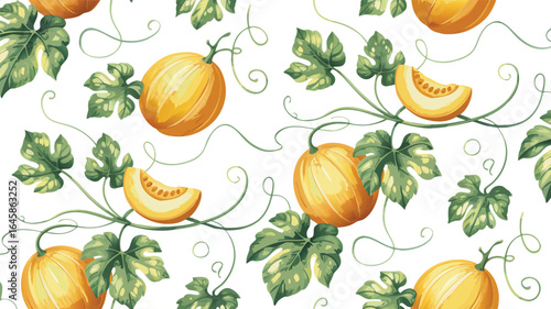 Watercolor Pattern with Yellow Melons, Green Leaves, and Vines on a White Background