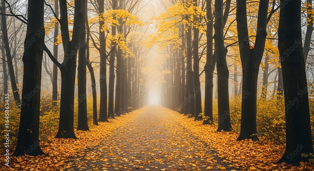 Fototapeta premium Experience the serene beauty of a golden autumn forest path with vibrant foliage