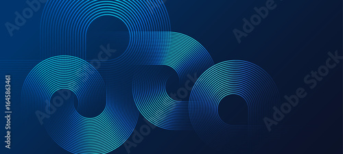 Circular line pattern on dark blue background with abstract geometric shapes