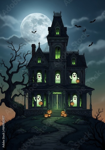 Spooky Victorian mansion at night with ghosts and pumpkins under a full moon