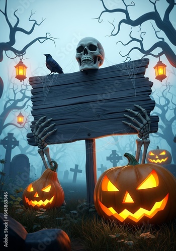 Spooky graveyard scene with carved pumpkins skeleton hands holding a sign and a crow