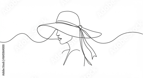 Elegant woman wearing wide brim hat with ribbon, stylish profile, fashion, beauty, summer vibes