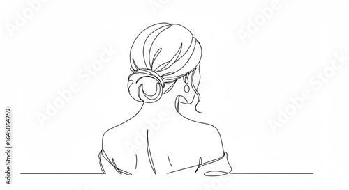 Elegant woman's back with sophisticated updo and dangling earring, a minimalist line art portrait capturing refined style