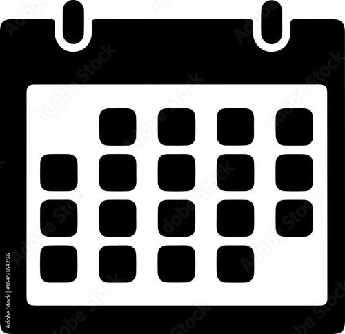 A simple black calendar icon with a grid of days, symbolizing scheduling, appointments, and time management.