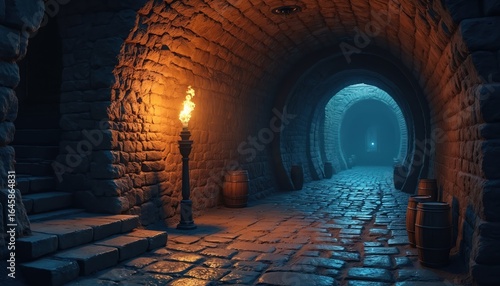 Stone dungeon passage with flickering torchlight and barrels. Ancient tunnel features rough stone walls, cobbled floor, and eerie shadows creating mysterious atmosphere. Steps lead to dark interior.