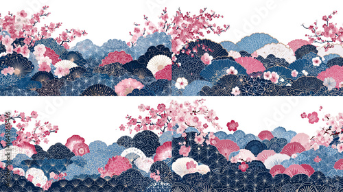 Beautiful Japanese landscape decorative border with cherry blossoms, waves, and traditional patterns in pink and blue for art, textile, and crafts.