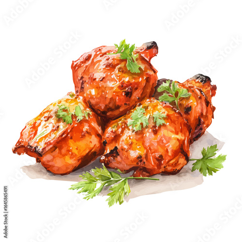 Chicken Tikka in watercolor style, vector illustration, isolated on white background.