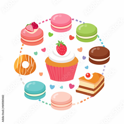 Bright and colorful flat style dessert icon set with popular sweet treats