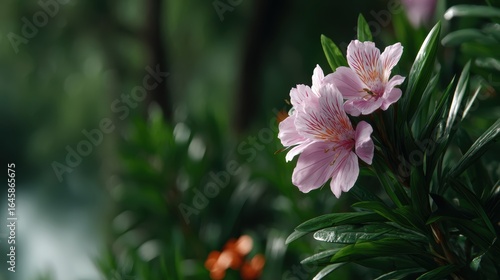 Beautiful, vibrant, delicate pink flowers are focal point nature-inspired image. Stunning blooms, vibrant green leaves, soft background create serene, natural, calming aesthetic, perfect spring. Is