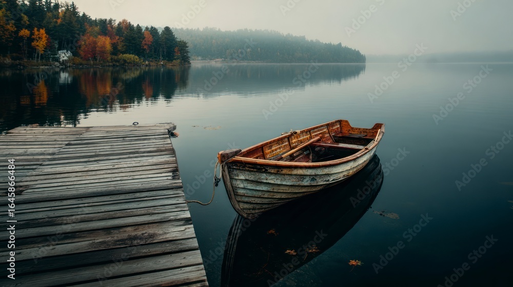Fototapeta premium Peaceful wooden boat on calm lake