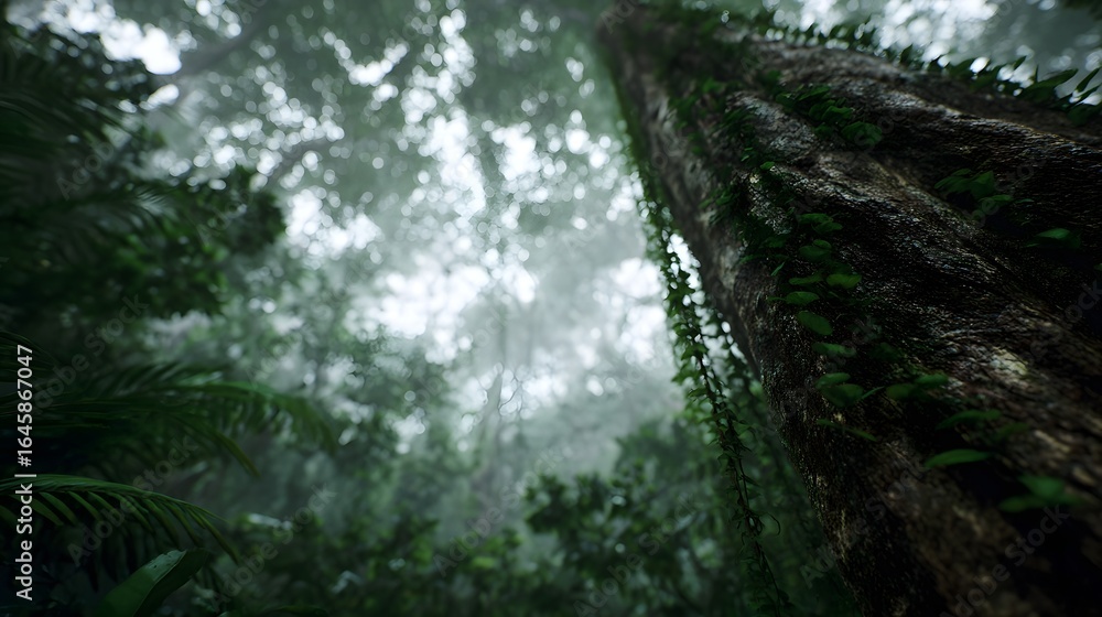 Fototapeta premium Majestic rainforest tree with hanging vines and filtered lighting