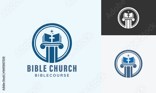Open Book Bible With Pillar Or Podium Christian God Way Church Logo Design