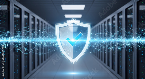 Wallpaper Mural Server room aisle with a glowing security shield and checkmark, symbolizing approved protection. Data center security and network validation concept. Torontodigital.ca