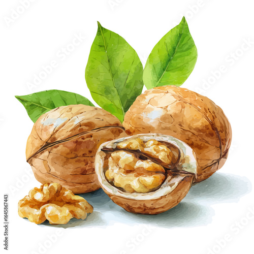 Watercolor vector illustration of Walnut, isolated on white background.
