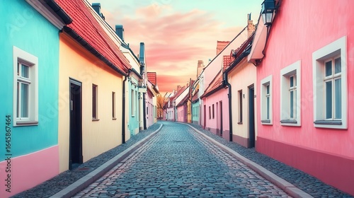 Old European street scene in pastel palette with grainy postcard overlay