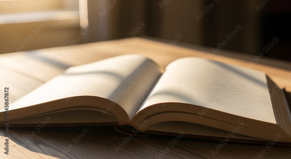 Fototapeta premium Open book lying on a wooden table with sunlight streaming through a window, illuminating the blank pages.
