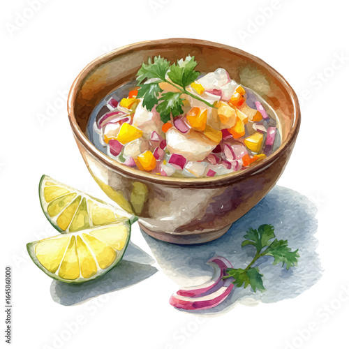 Watercolor vector illustration of Ceviche, isolated on white background.