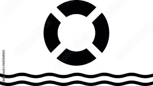 A black and white image of a life preserver above wavy lines representing water on a white background