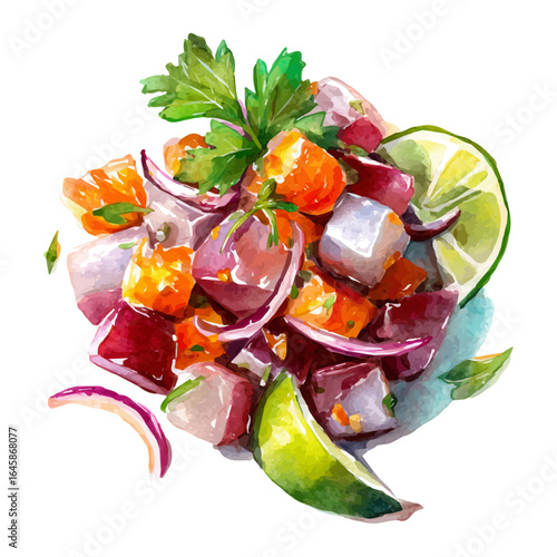 Ceviche, watercolor painting, vector illustration, isolated on a white background.