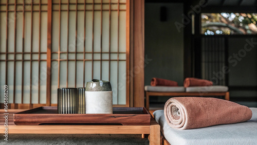 Φωτογραφία A serene Japanese-style interior features a wooden tray with two decorative containers and a rolled terracotta towel